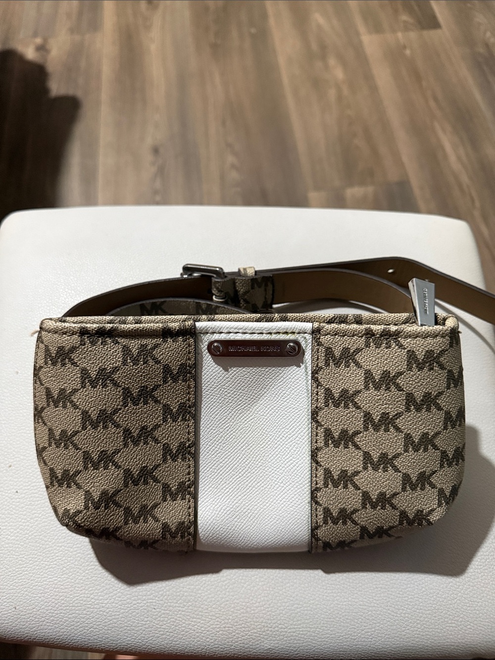 Michael Kors Brown MK Logo Belt Bag with White Center Panel